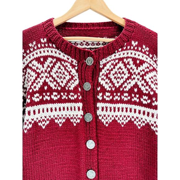 VTG Handmade Knit Wool Cardigan Womens L Red White Chunky Fair Isle Sweater - Picture 2 of 7